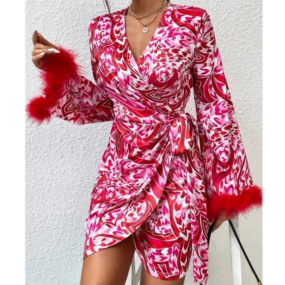 . Dresses & Skirts - Cuff feather detailed Wrap Knot Side Mini Dress